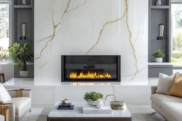 Linear gas fireplace in a white marble surround