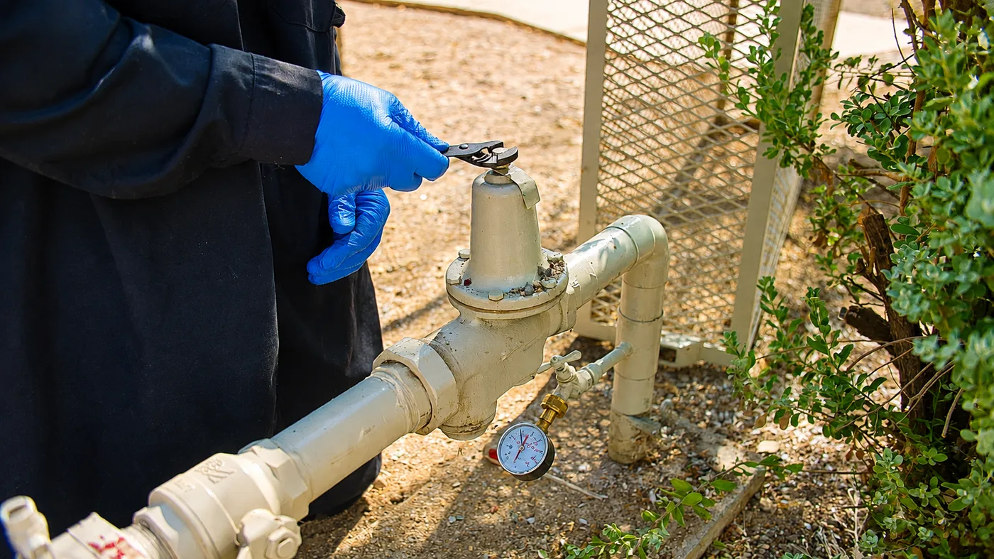 Plumber checking an outdoor water pressure regulator