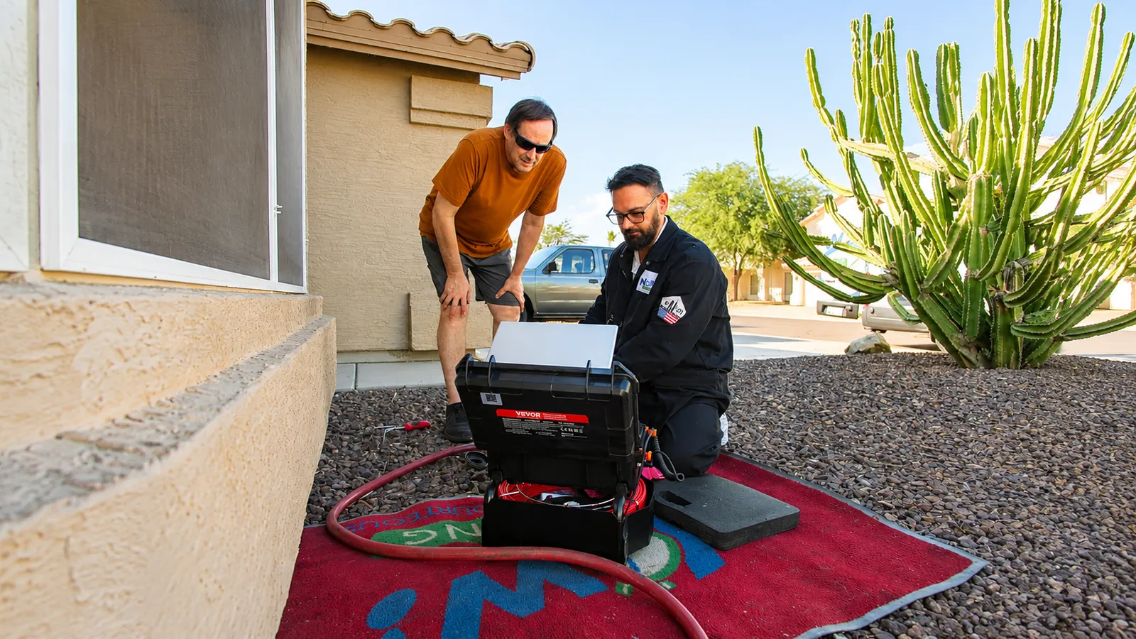 Reviewing sewer camera footage with a mesa homeowner