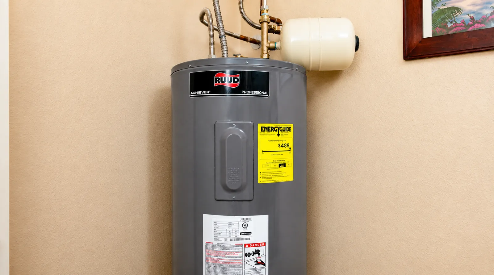 Ruud electric water heater installed with expansion tank